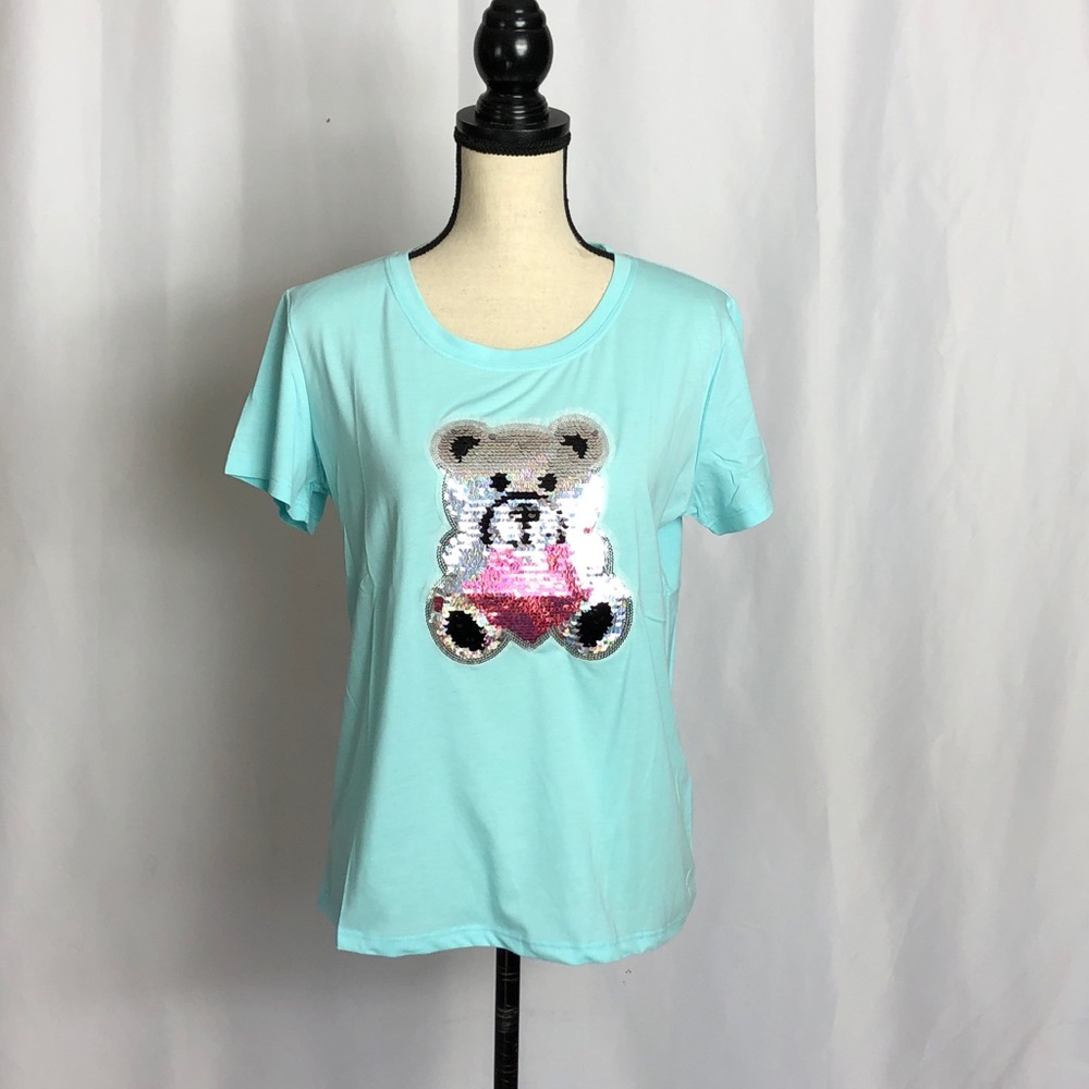 Light Blue Teddy Bear Embroidered T-Shirt NWT